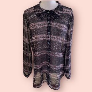 CAbi Brown/Tan with Multicolor Flecks "Paris" Calligraphy Blouse #3249 M